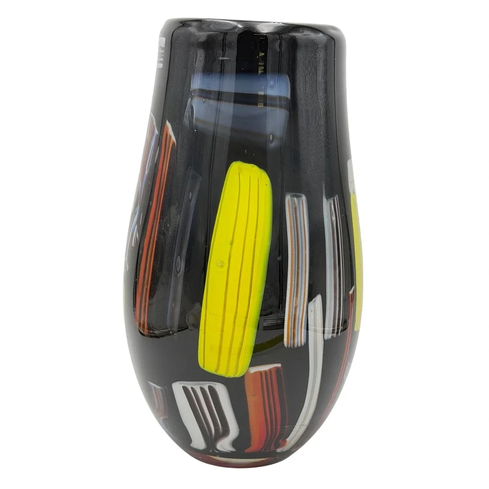 Vtg Art Glass Vase Colorful Black Stripe Abstract Postmodern Heavy LG Y2K 11.5in